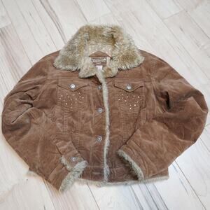 Papaya Brown Corduroy Faux Fur Trim Rhinestone Jacket Y2K Boho Glam L